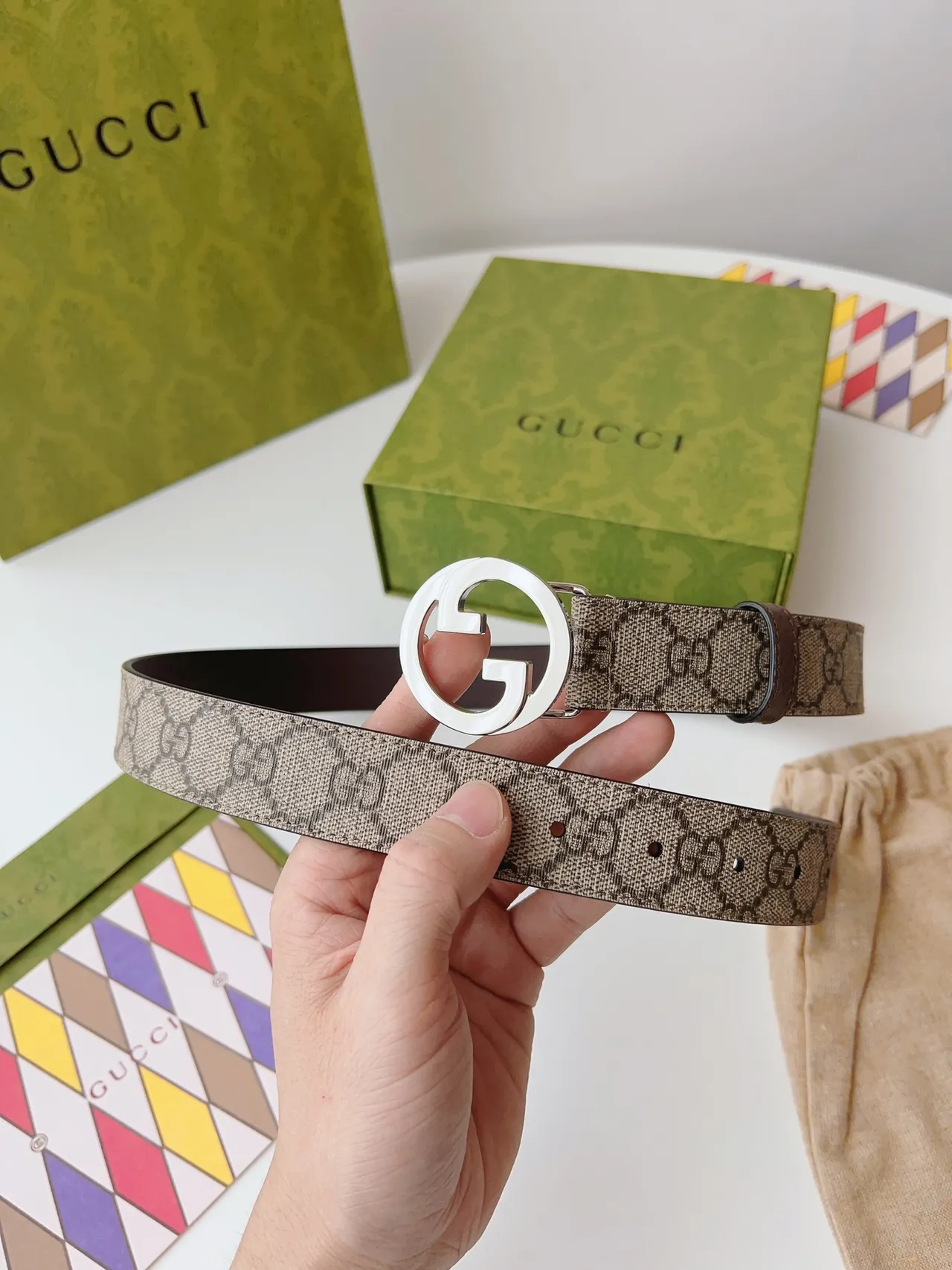 Gucci Brown Beige Interlocking G Buckle GG Monogram Canvas Leather Belt 5