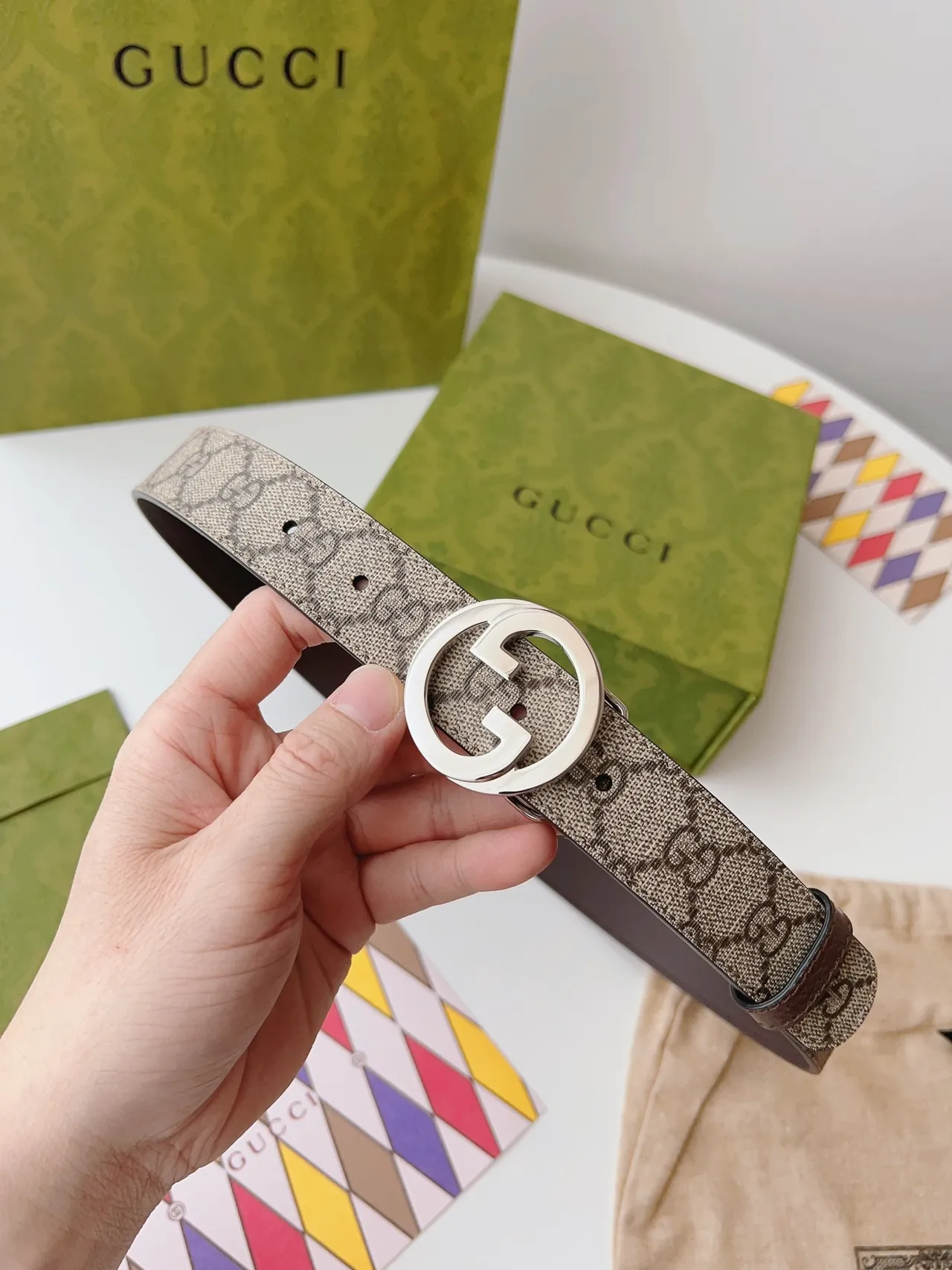 Gucci Brown Beige Interlocking G Buckle GG Monogram Canvas Leather Belt 8
