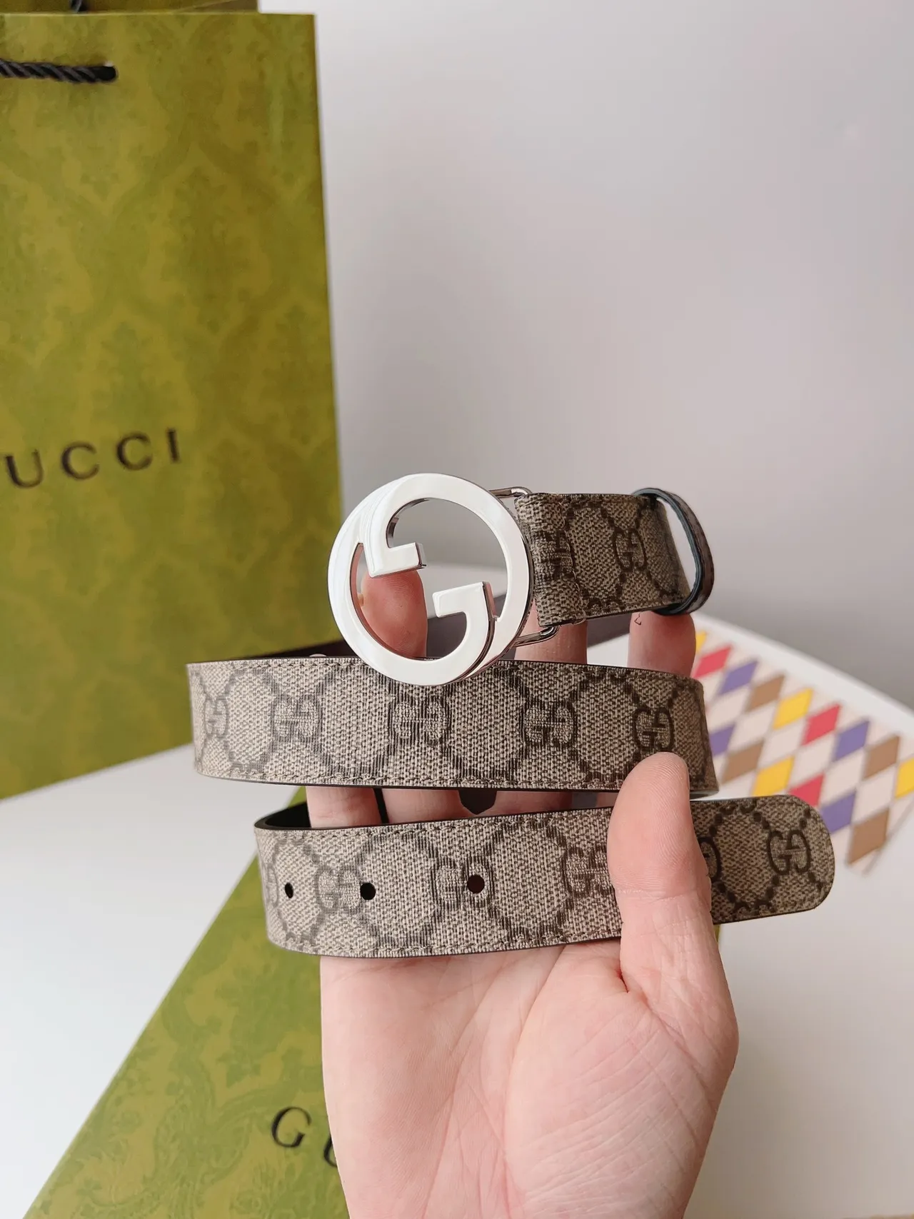 Gucci Brown Beige Interlocking G Buckle GG Monogram Canvas Leather Belt 9