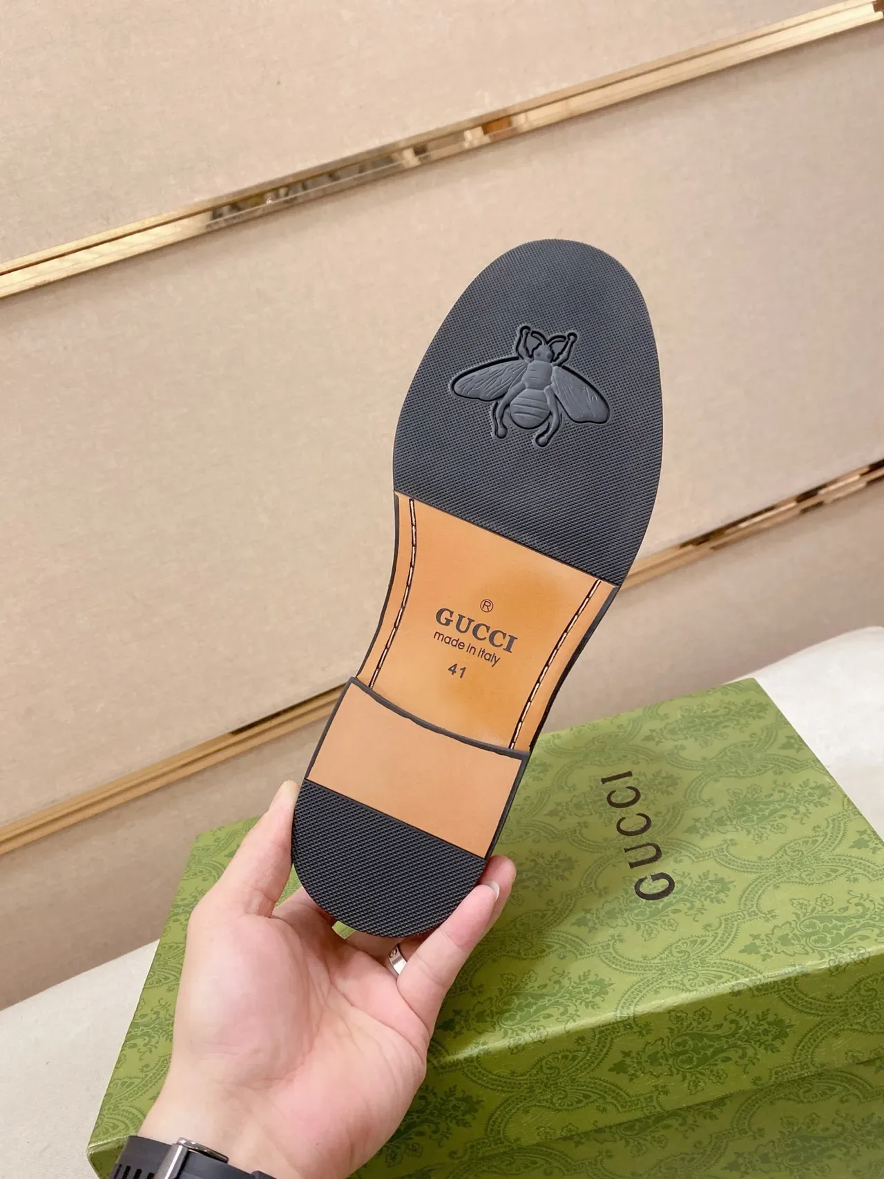 Gucci Brown Green Embossed GG Monogram Moccasin-Stitched Toe Loafer 2