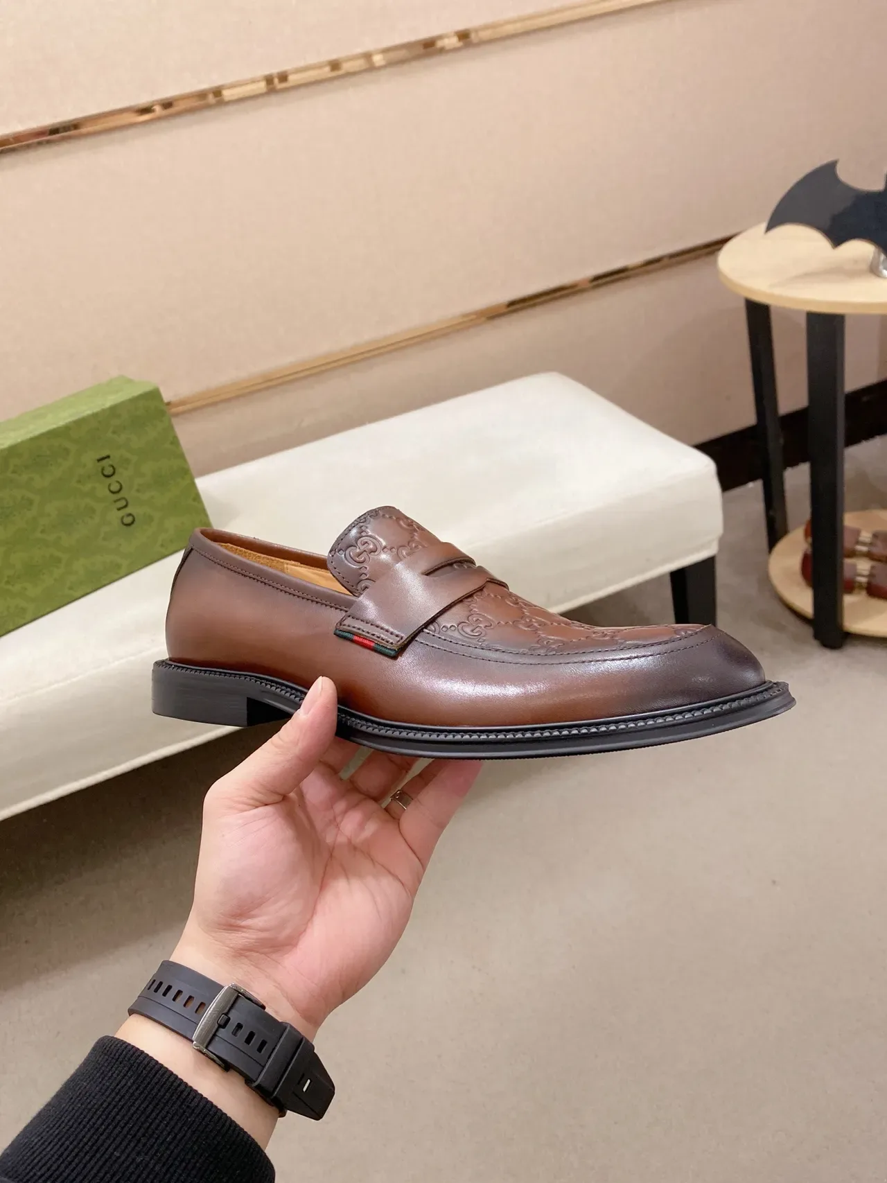 Gucci Brown Green Embossed GG Monogram Moccasin-Stitched Toe Loafer 4