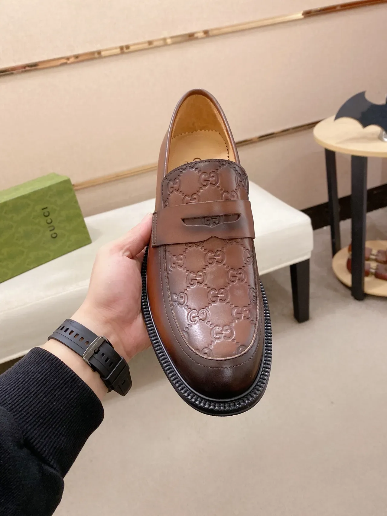 Gucci Brown Green Embossed GG Monogram Moccasin-Stitched Toe Loafer 5