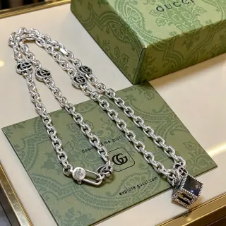 Gucci Chain Silver Black Chunky Curb Interlocking G Charms Necklace