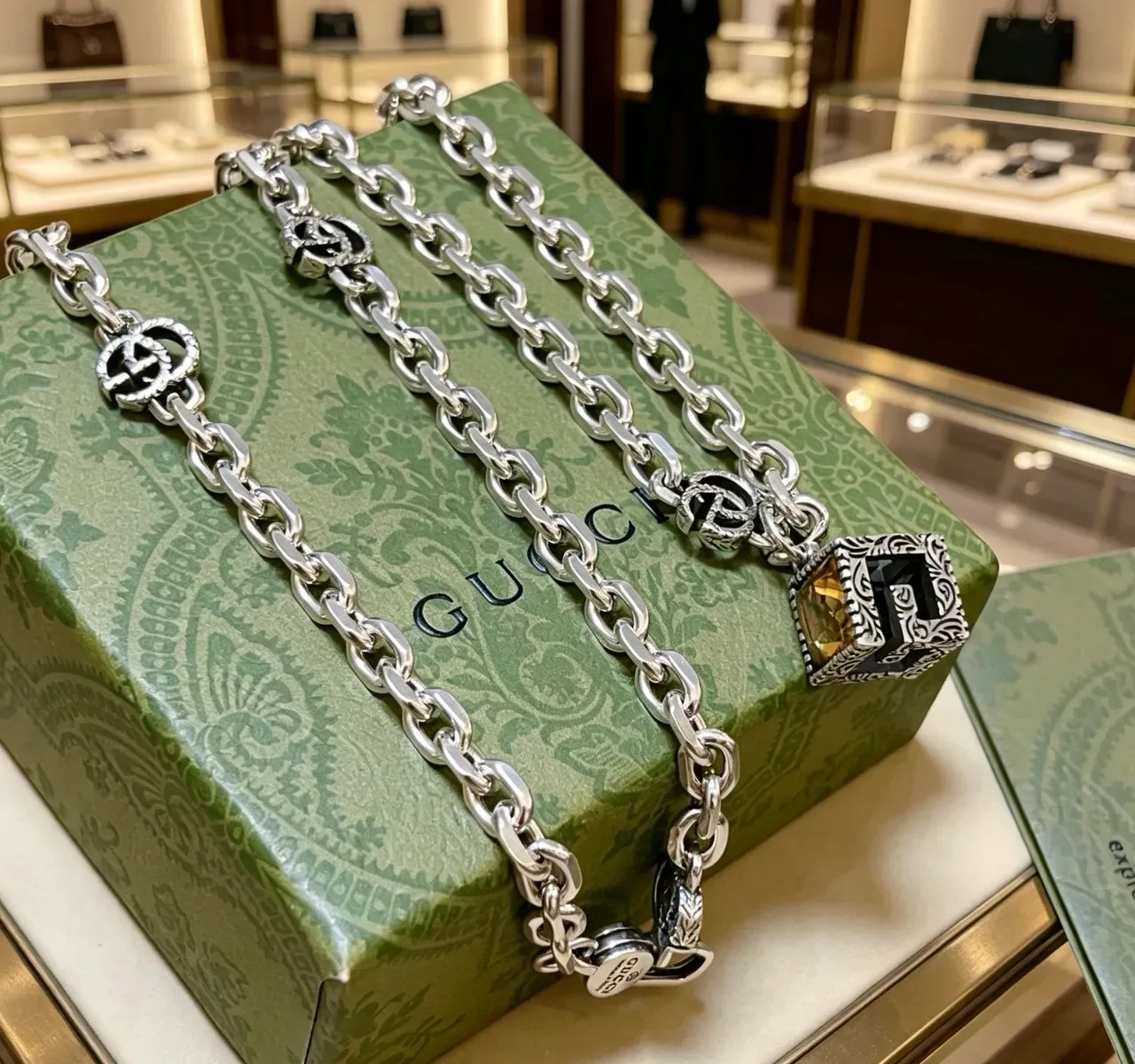 Gucci Chain Silver Black Chunky Curb Interlocking G Charms Necklace 6