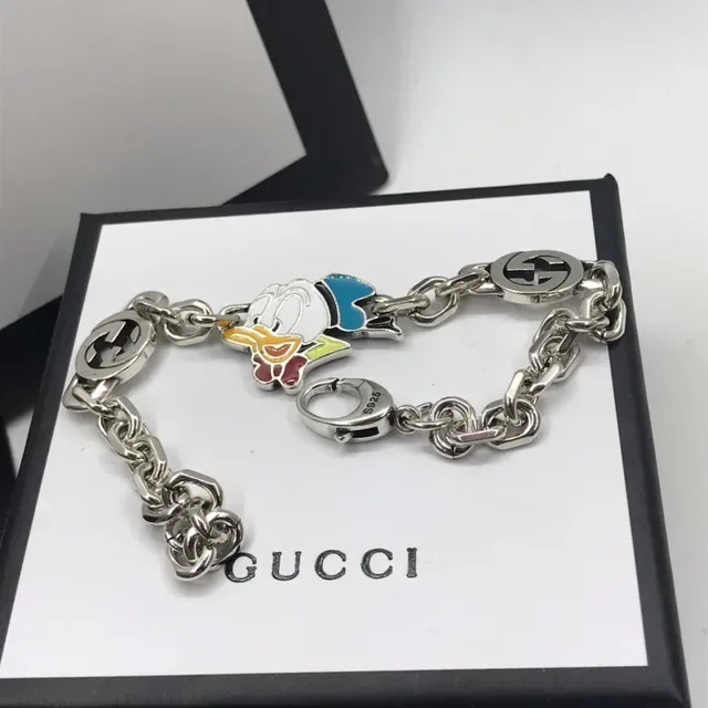 Gucci Disney Collaboration Silver Multicolor Chunky Link Chain Enamel Character Charm Bracelet 1