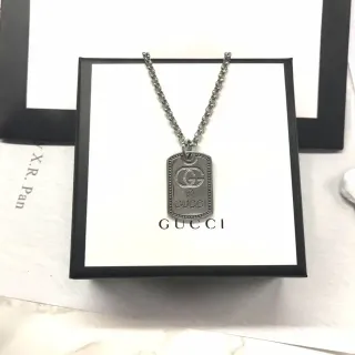 Gucci Dog-Tag Pendant Silver Black Interlocking G Logo Necklace
