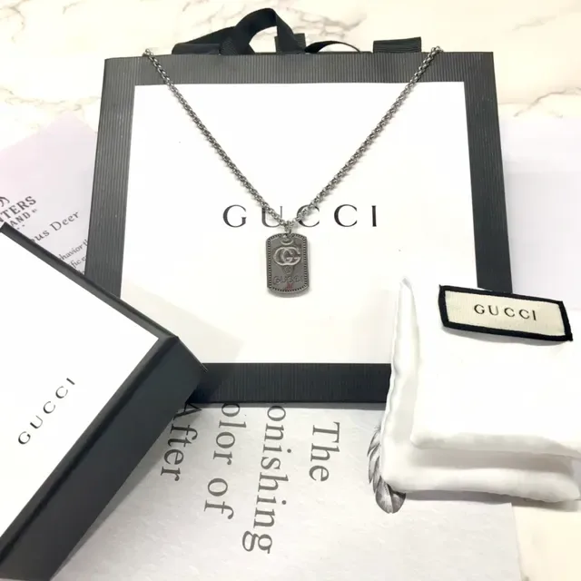 Gucci Dog-Tag Pendant Silver Black Interlocking G Logo Necklace 3