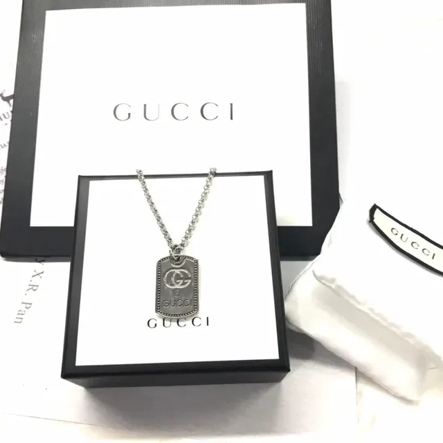 Gucci Dog-Tag Pendant Silver Black Interlocking G Logo Necklace 4