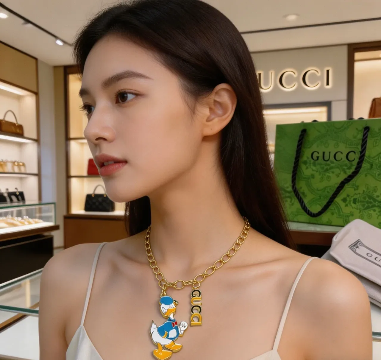 Gucci Donald Duck Enamel Charm Gold-Tone Necklace 4