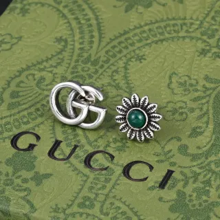 Gucci Double G and Floral Green Stone Stud Earrings