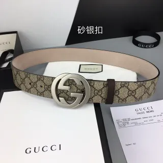 Gucci Double G Belt Beige Brown GG Monogram Canvas Interlocking Buckle Leather Belt
