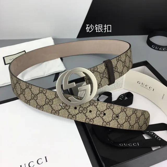 Gucci Double G Belt Beige Brown GG Monogram Canvas Interlocking Buckle Leather Belt 2