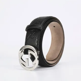 Gucci Double G Belt Black Silver Interlocking Buckle Embossed GG Monogram Leather Belt