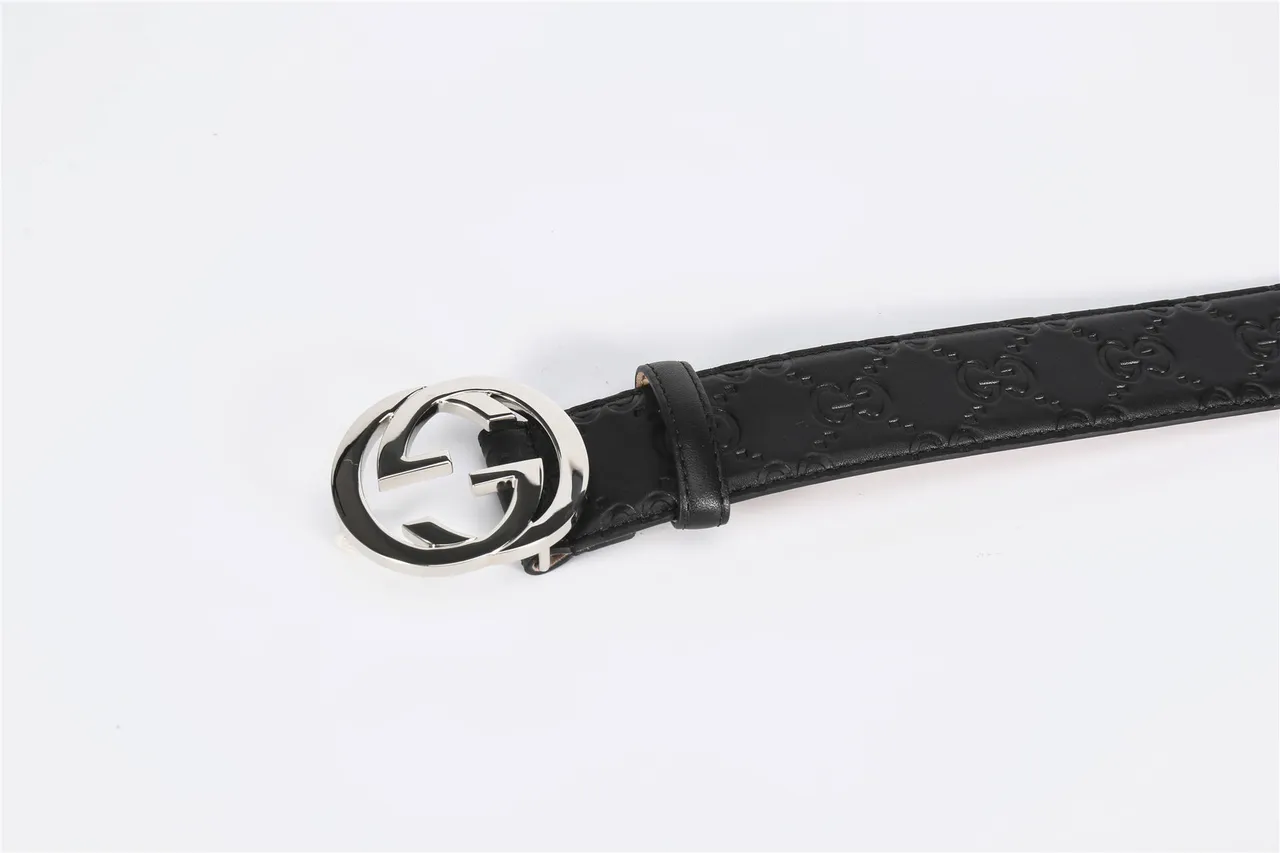 Gucci Double G Belt Black Silver Interlocking Buckle Embossed GG Monogram Leather Belt 10