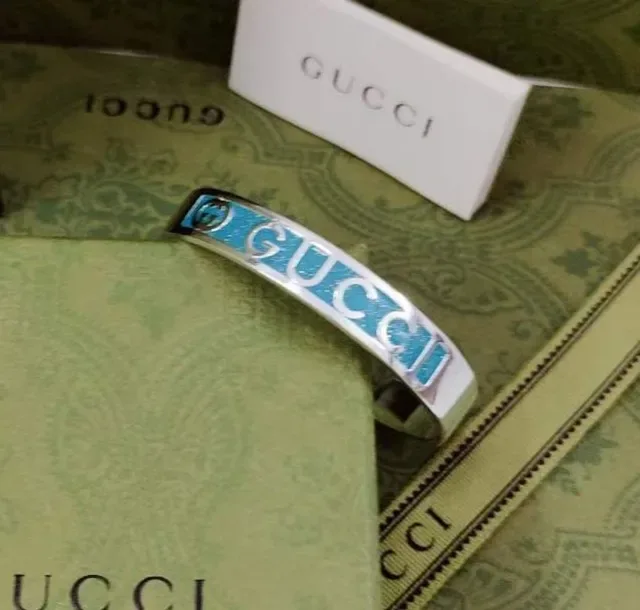 Gucci Enamel Logo Cuff Blue Silver Open Bracelet 4