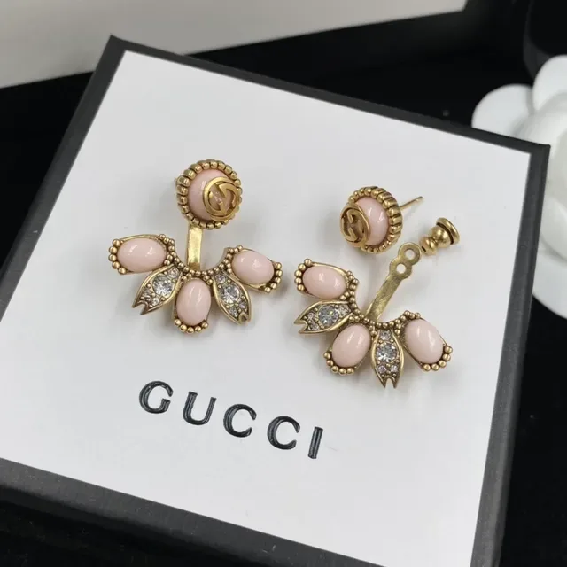 Gucci Floral Fan Pink Cabochon Crystal Earrings 2