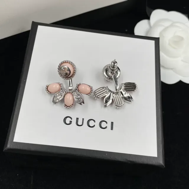 Gucci Floral Fan Pink Cabochon Crystal Earrings 4