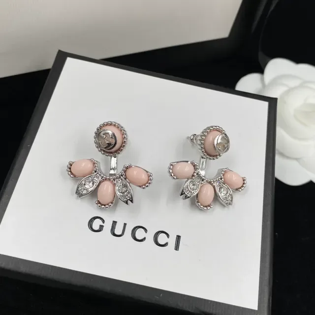 Gucci Floral Fan Pink Cabochon Crystal Earrings 5