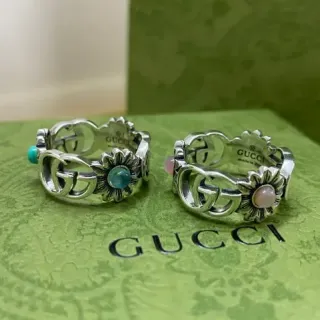 Gucci Floral Interlocking G Silver Blue Motif Ring