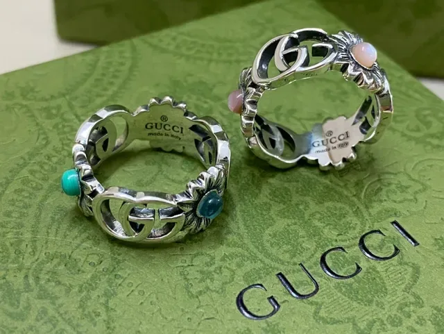 Gucci Anillo Floral Interlocking G Plata Azul Motivo 2