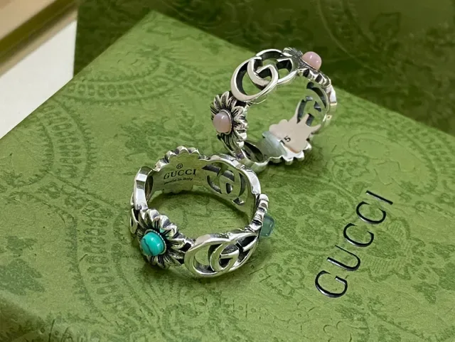 Gucci Anillo Floral Interlocking G Plata Azul Motivo 3