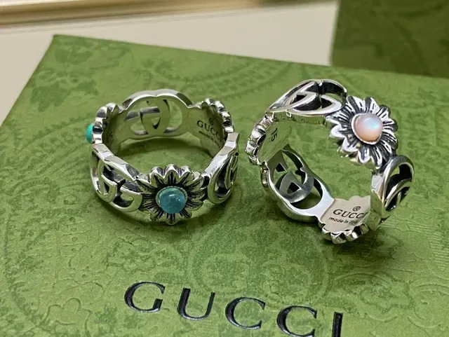 Gucci Anillo Floral Interlocking G Plata Azul Motivo 4