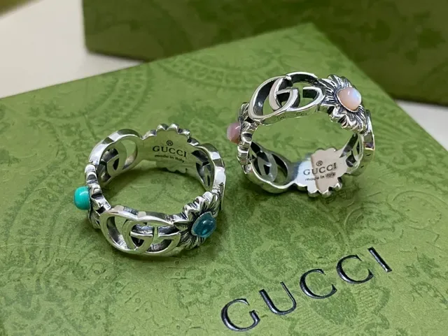 Gucci Anillo Floral Interlocking G Plata Azul Motivo 5