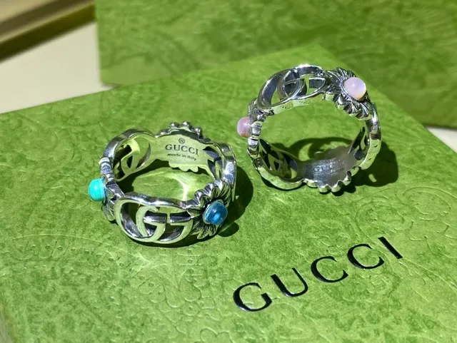 Gucci Anillo Floral Interlocking G Plata Azul Motivo 6