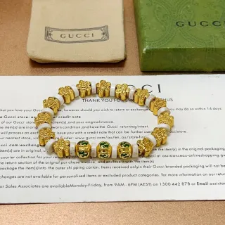 Gucci GG Beaded Bracelet Gold Green Metal White Stone Beads Bracelet