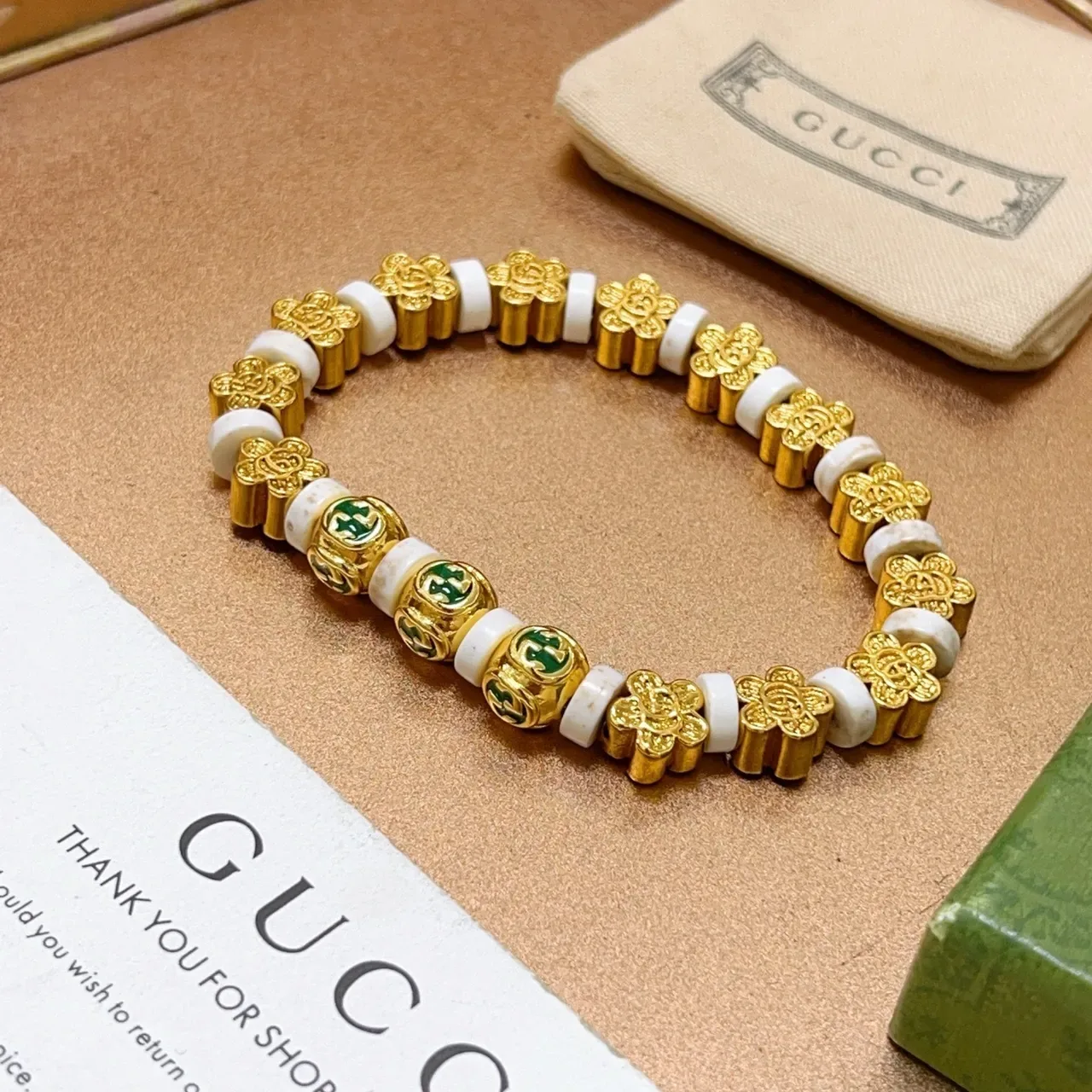 Gucci GG Beaded Bracelet Gold Green Metal White Stone Beads Bracelet 2