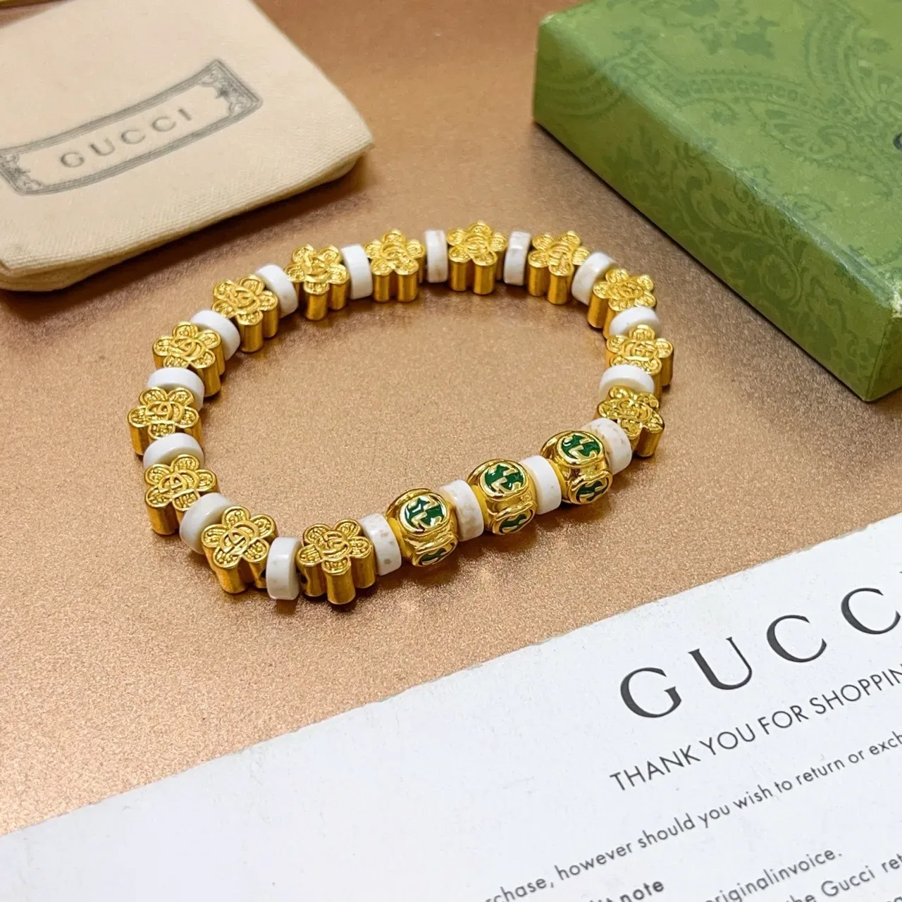 Gucci GG Beaded Bracelet Gold Green Metal White Stone Beads Bracelet 3
