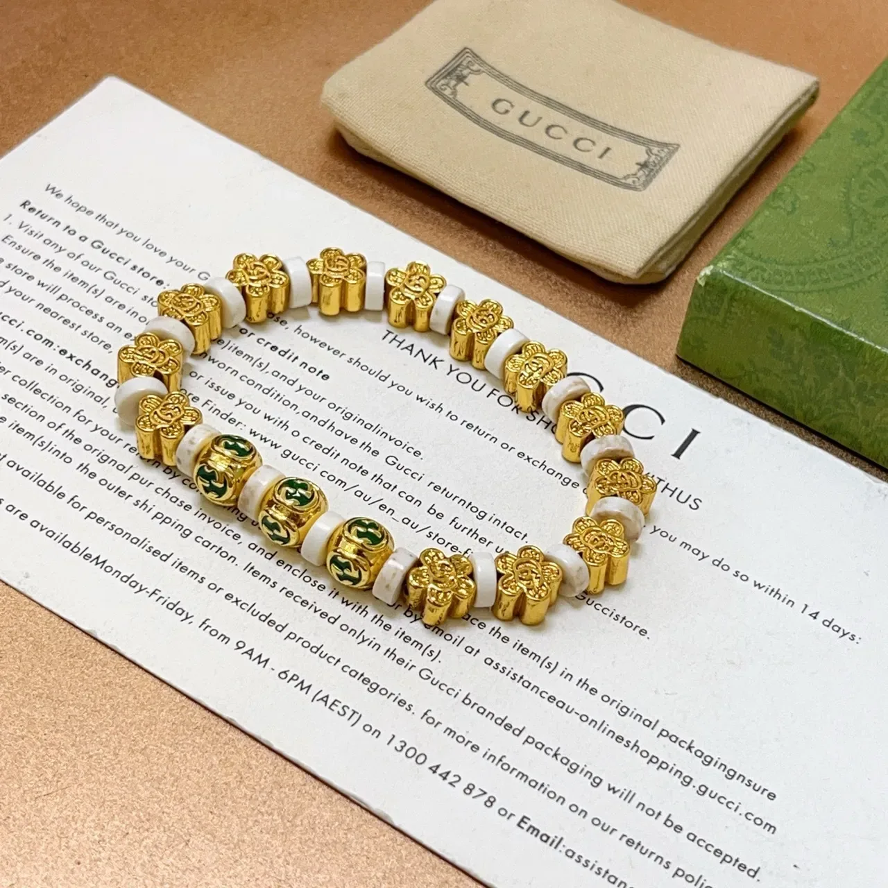 Gucci GG Beaded Bracelet Gold Green Metal White Stone Beads Bracelet 5