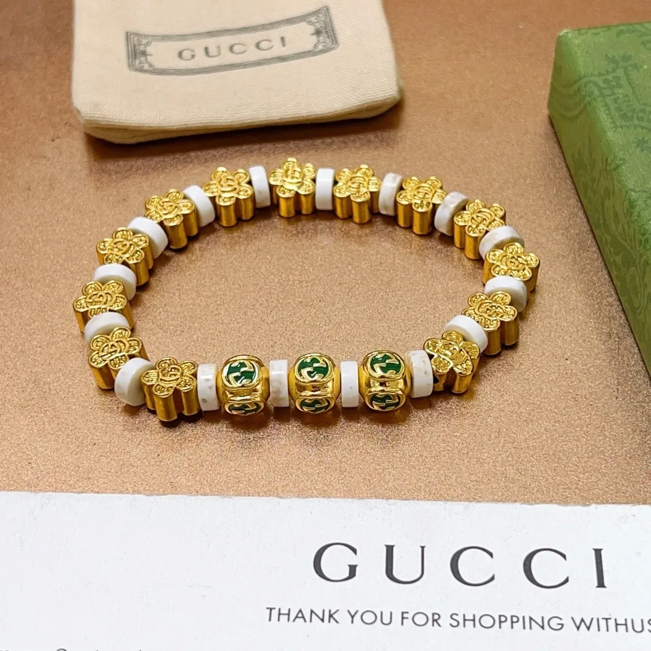 Gucci GG Beaded Bracelet Gold Green Metal White Stone Beads Bracelet 6