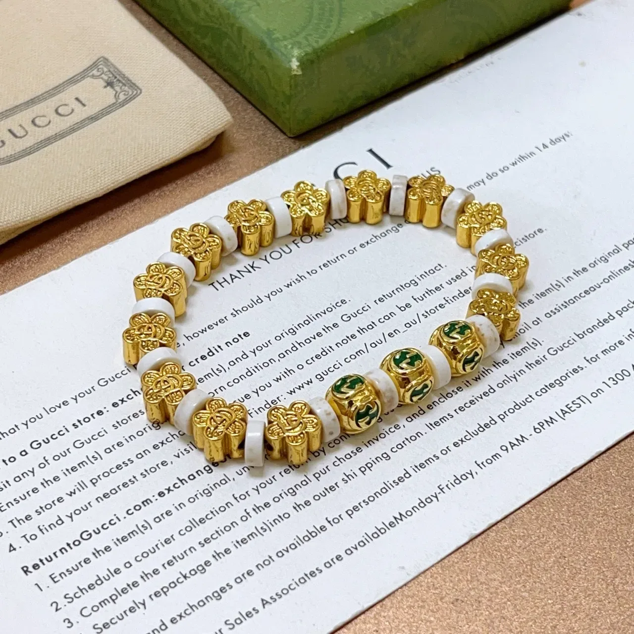 Gucci GG Beaded Bracelet Gold Green Metal White Stone Beads Bracelet 8