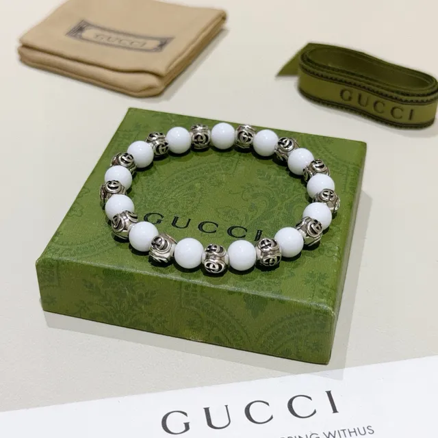 Gucci GG Marmont Pulsera de cuentas Blanco Plateado Motivo G Interlocking Pulsera 3