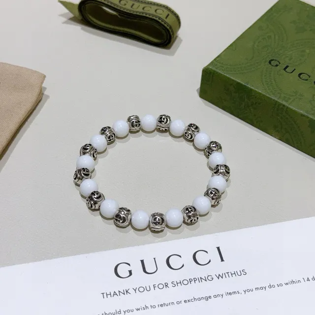 Gucci GG Marmont Pulsera de cuentas Blanco Plateado Motivo G Interlocking Pulsera 4