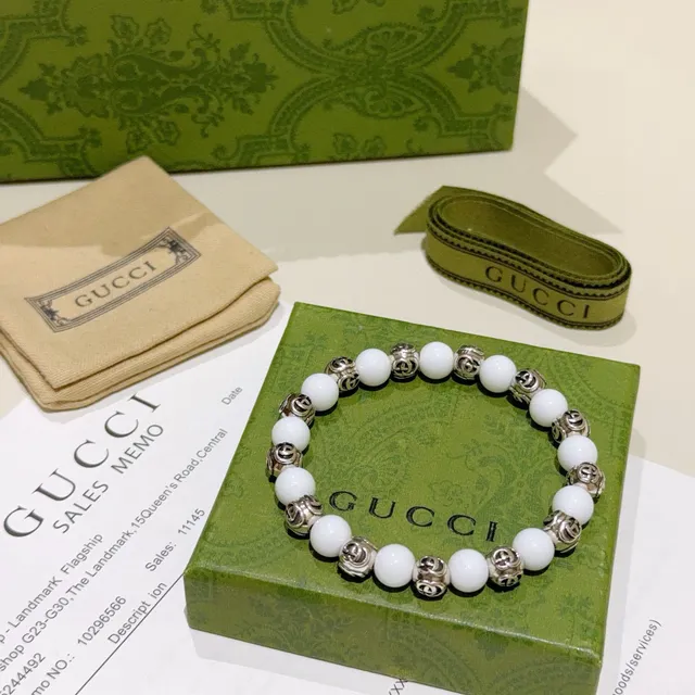 Gucci GG Marmont Pulsera de cuentas Blanco Plateado Motivo G Interlocking Pulsera 7