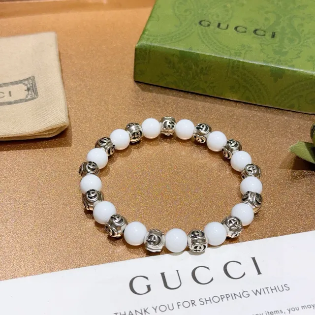Gucci GG Marmont Pulsera de cuentas Blanco Plateado Motivo G Interlocking Pulsera 9