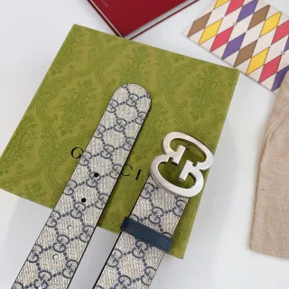 Gucci GG Marmont Beige and Navy Monogram Leather Belt