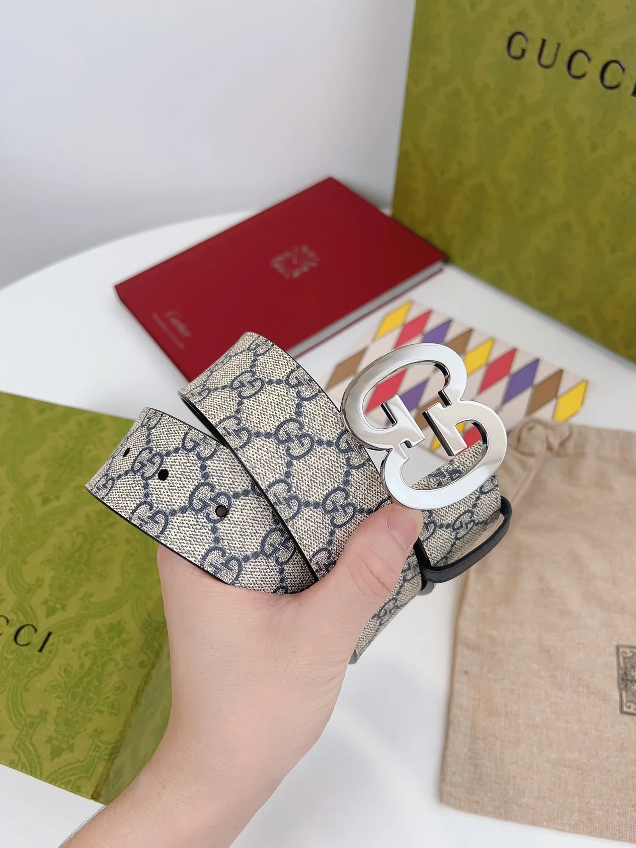 Gucci GG Marmont Beige and Navy Monogram Leather Belt 2