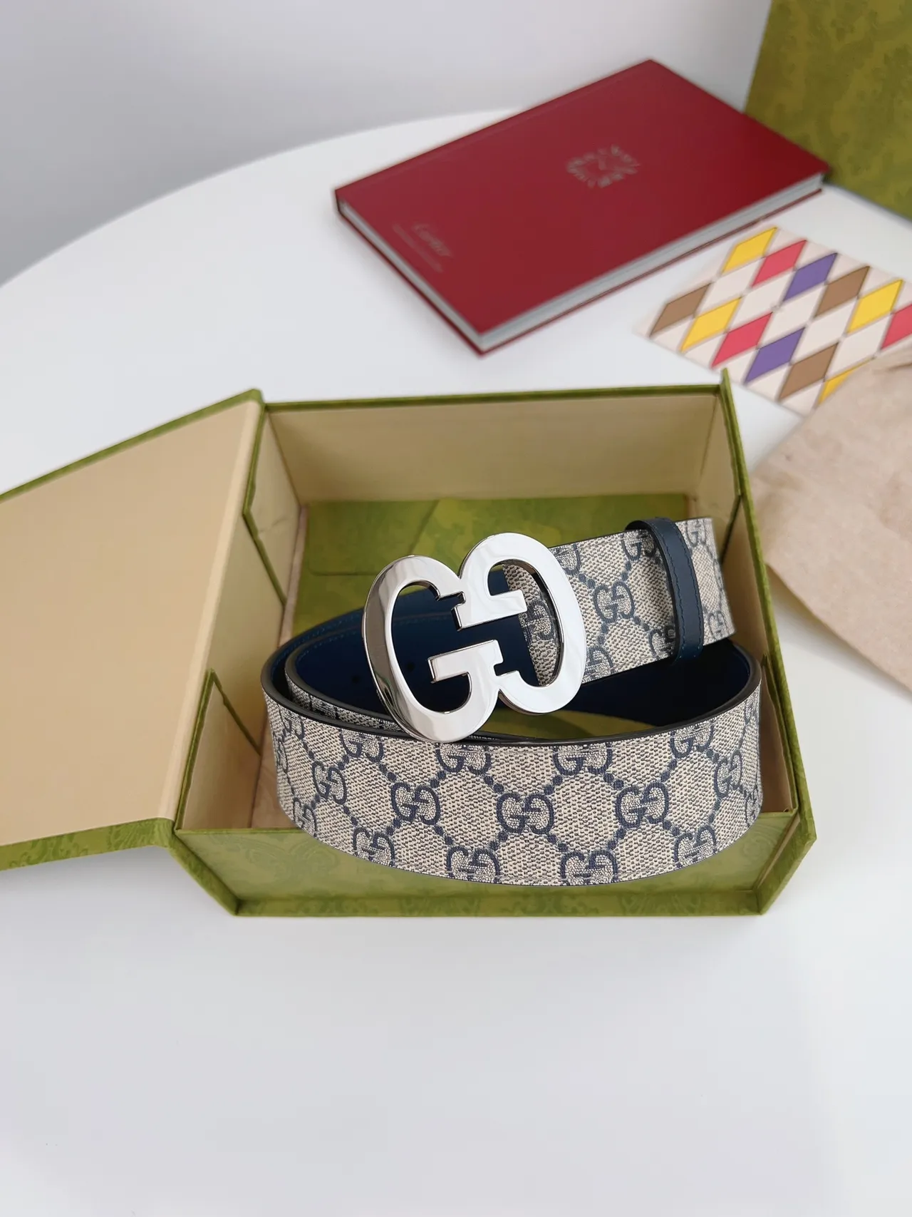Gucci GG Marmont Beige and Navy Monogram Leather Belt 3