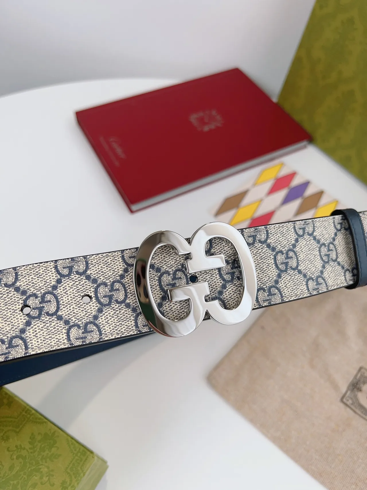 Gucci GG Marmont Beige and Navy Monogram Leather Belt 4