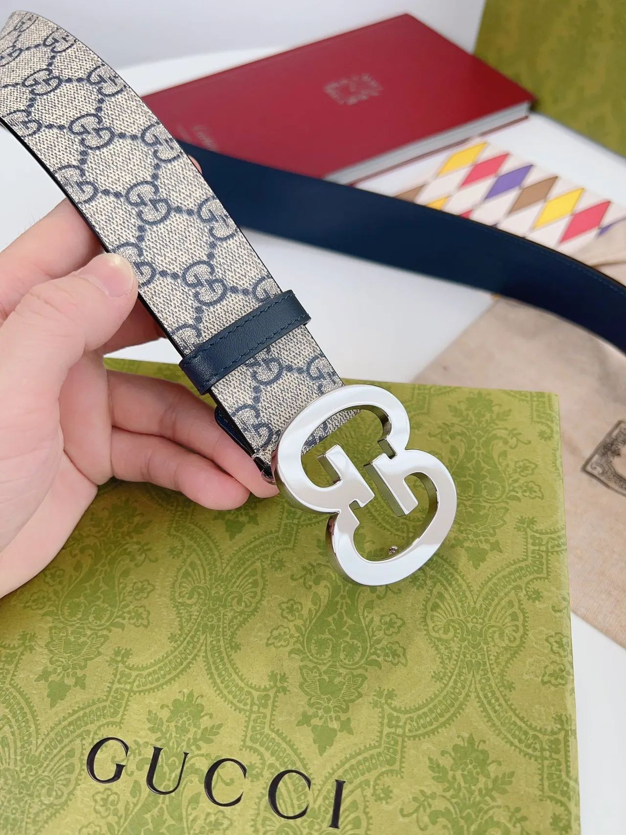 Gucci GG Marmont Beige and Navy Monogram Leather Belt 5