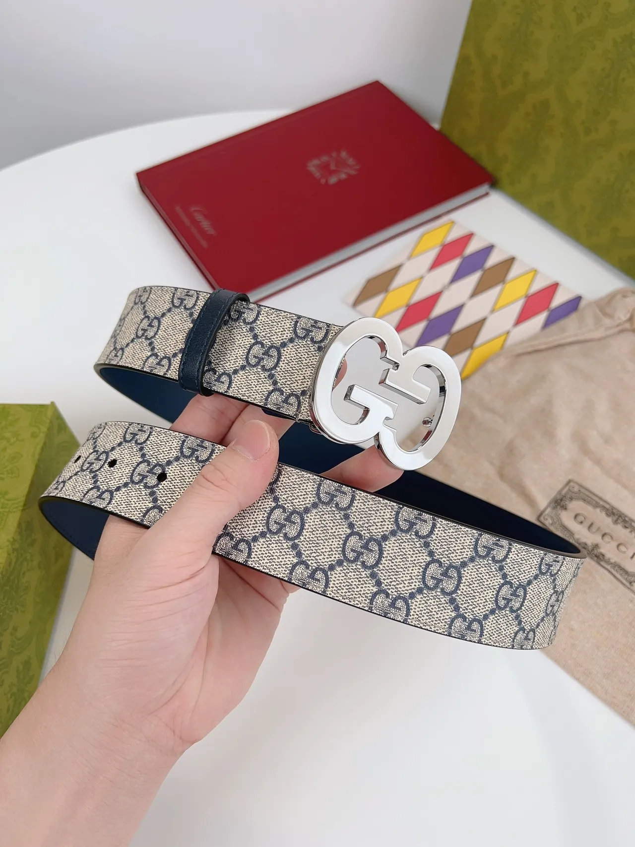 Gucci GG Marmont Beige and Navy Monogram Leather Belt 6