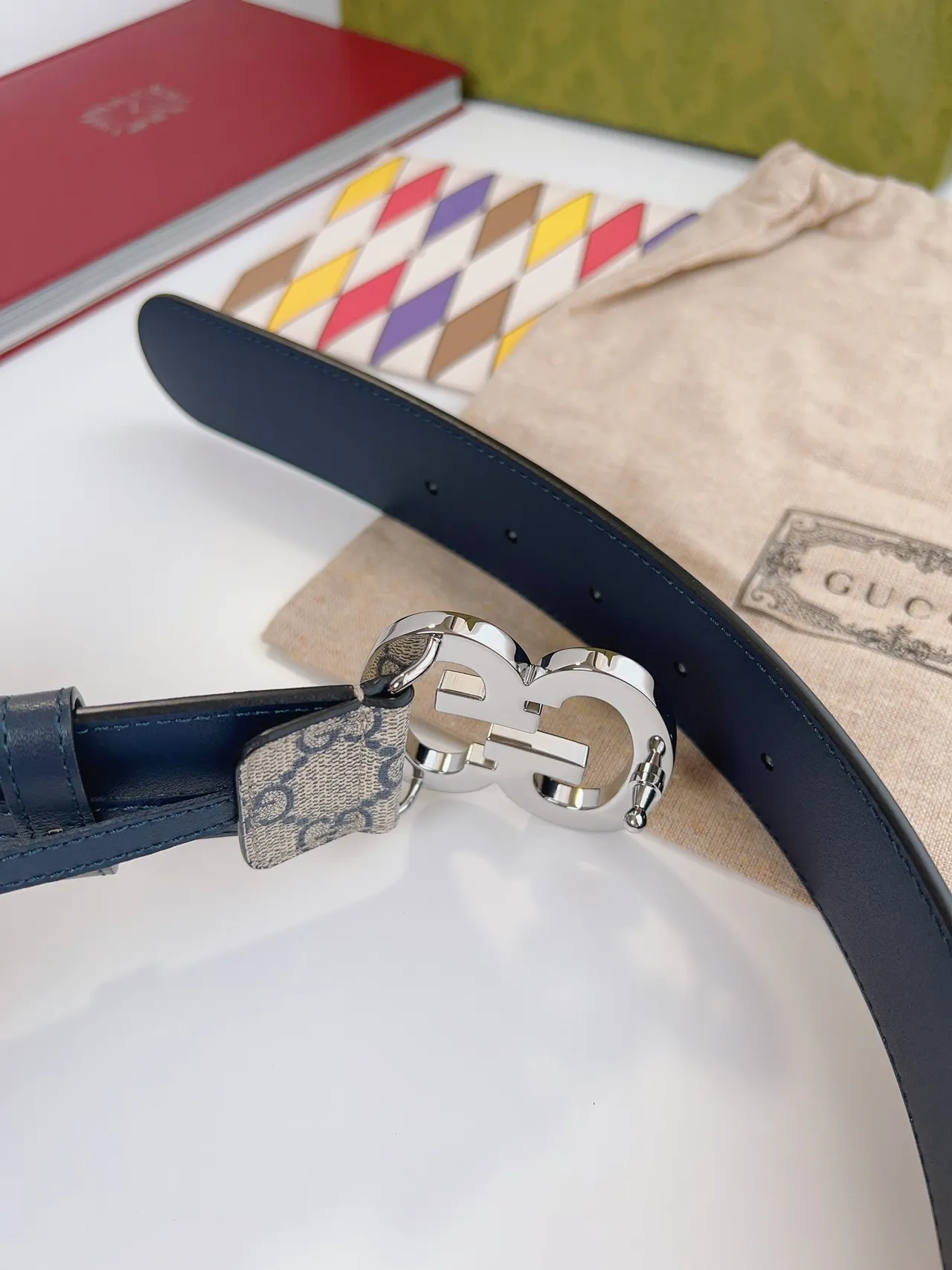 Gucci GG Marmont Beige and Navy Monogram Leather Belt 7