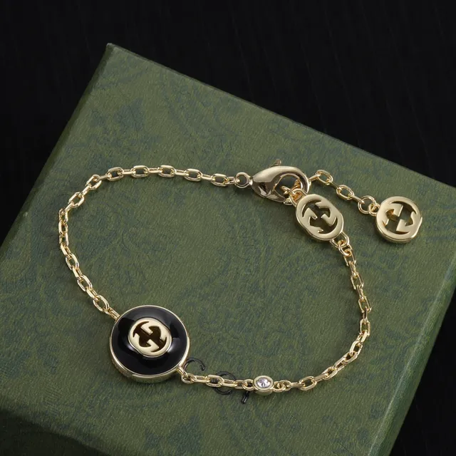 Gucci GG Marmont Black Gold Circular Enamel Disc Interlocking G Logo Necklace 5