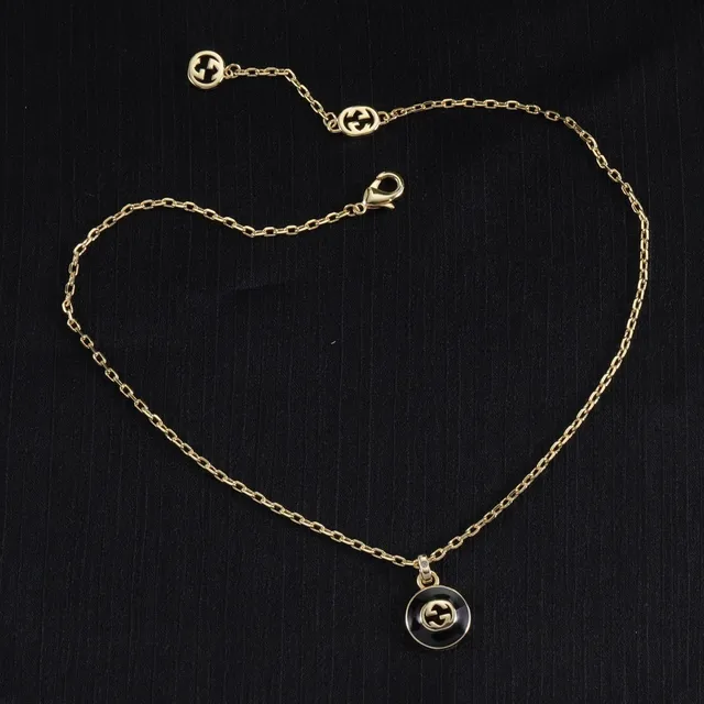 Gucci GG Marmont Black Gold Circular Enamel Disc Interlocking G Logo Necklace 9
