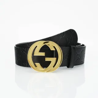 Gucci GG Marmont Black Gold Embossed Monogram Interlocking G Buckle Leather Belt