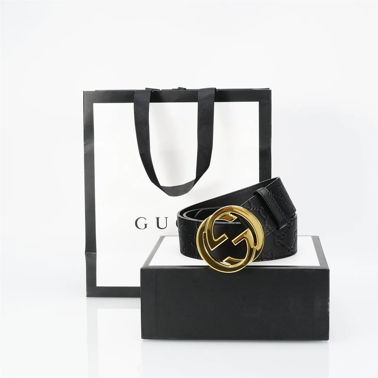 Gucci GG Marmont Noir Or embossé Monogram boucle G interlock Ceinture en cuir 4