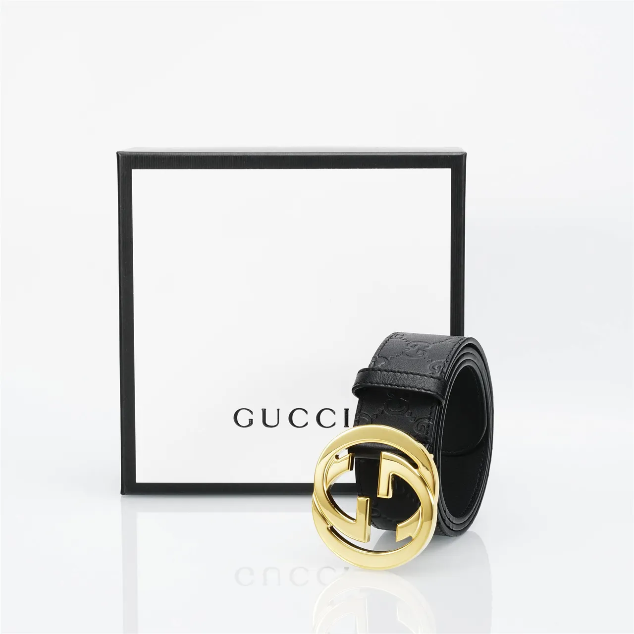 Gucci GG Marmont Noir Or embossé Monogram boucle G interlock Ceinture en cuir 5